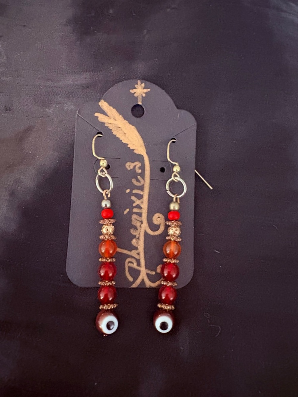 Red Evil Eye & Carnelian Beaded Dangle Earrings w/Brass accents.